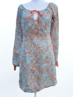 CK Bradley Sky Blue Orange Scroll Print Mini Dress Sz 4 Lined Cotton Ties